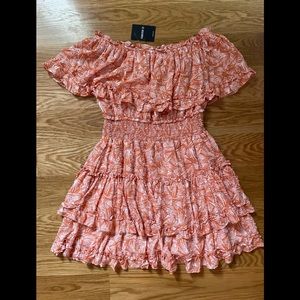 F21 off th shoulder orange/white dress Large